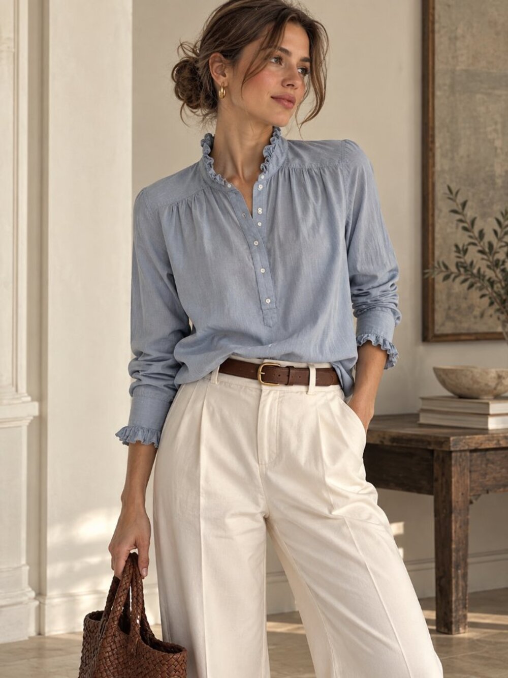JOIE Blue Ruffle Neck Button Blouse Feminine Romantic Quiet Luxury Office Chic
